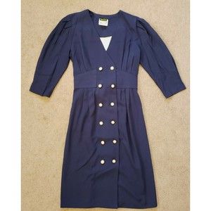 Vintage 80s Stuart Alan Women's Dress Navy Blue 12 Bottons Front Sz 10 Classic